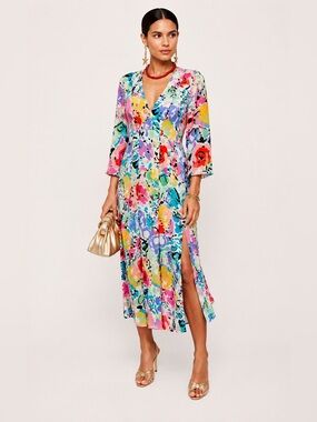 RIXO London Camellia 100% Silk Floral Abstract Bias Cut Midi Dress Sz S